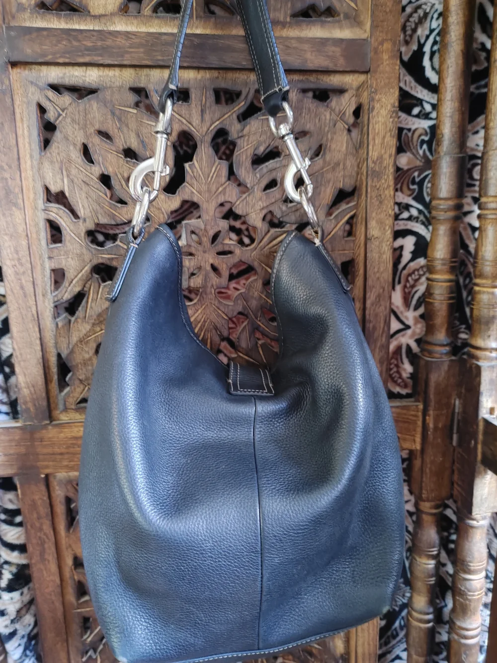 AEROSOLES Heavy Black Leather Hobo with Silver Ring Accent